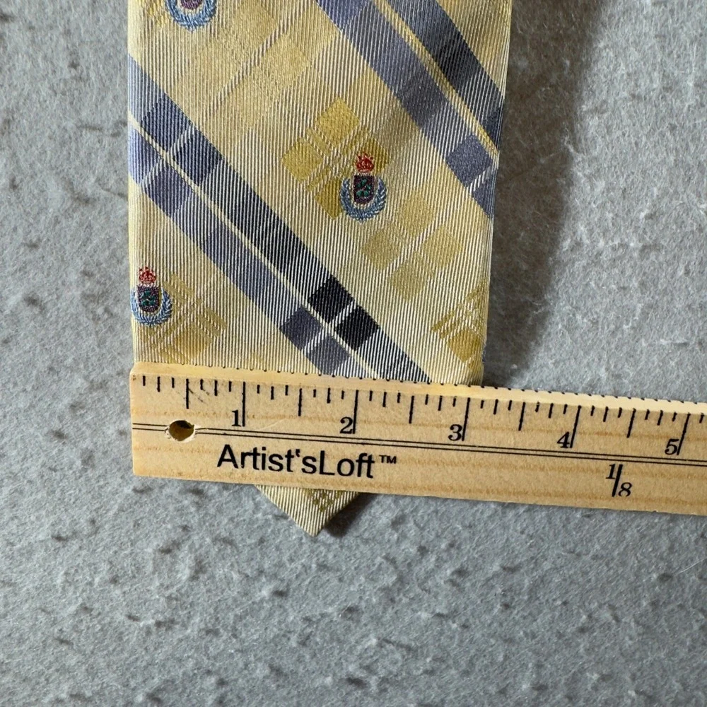 1417 | Harve Benard Silk Plaid Crest Embroidered Necktie Yellow Blue Mens OS